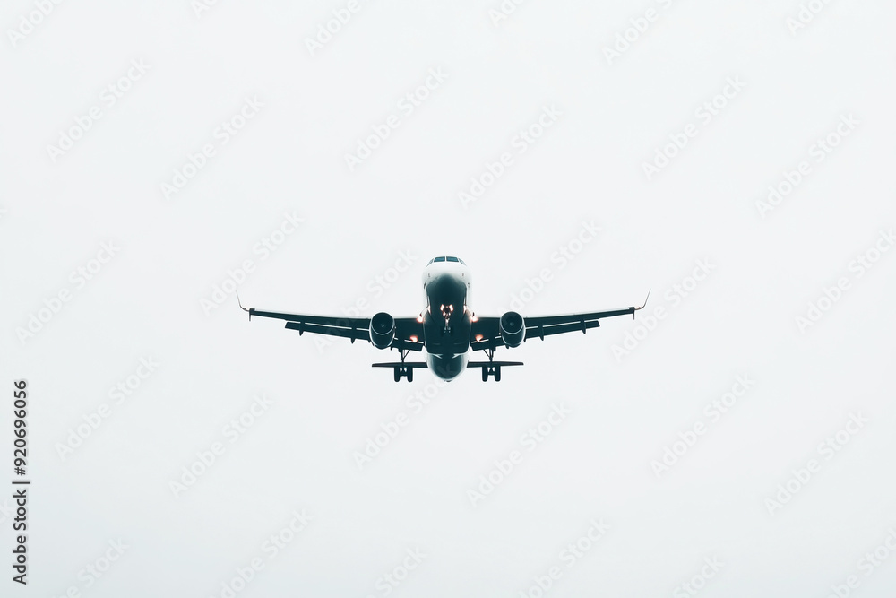 Commercial airplane flying in clear sky, front view Commercial airplane flying in clear sky, front view