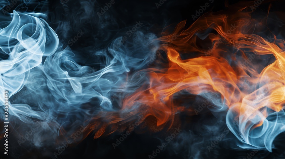 An artistic fusion of fiery orange flames along with cool blue smoke, creating a stunning, striking contrast An artistic fusion of fiery orange flames along with cool blue smoke, creating a stunning, striking contrast