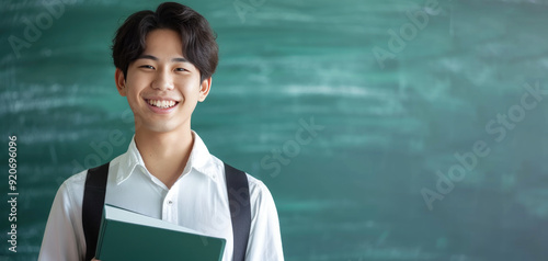 handsome asian male  teacher potrait on green background