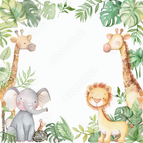 Watercolor frame banners with African animals for kids' birthdays and invitations photo