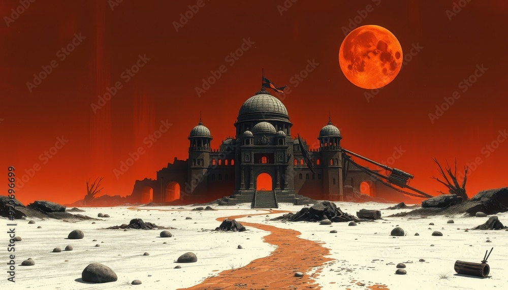 Obraz premium Red Moon Over Abandoned Palace.