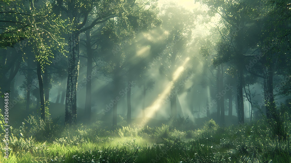 Obraz premium A digital artwork of a foggy forest with dense trees, sunlight beams creating a magical glow, early morning light, detailed and tranquil, capturing the serene and mystical ambiance, hd quality,