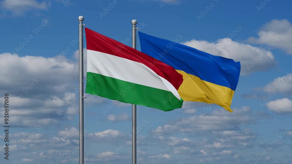 Ukraine and Hungary flags flying together, video concept of the relationship, two country relations concept Ukraine and Hungary flags flying together, video concept of the relationship, two country relations concept