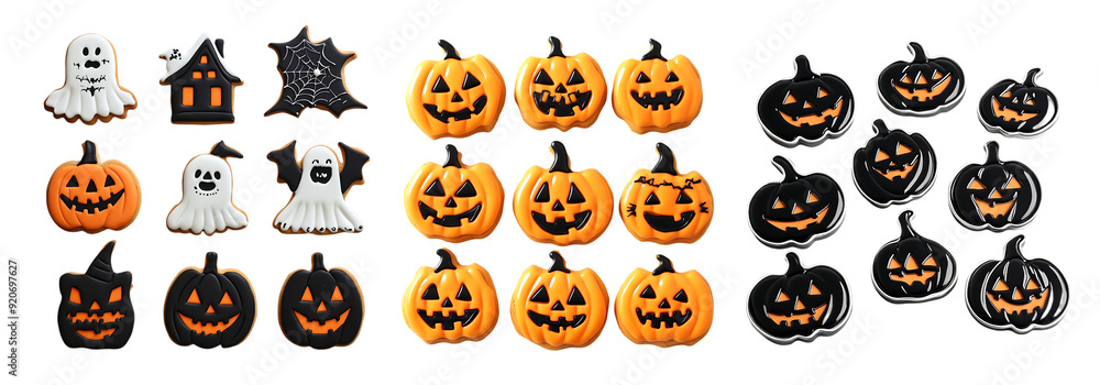 Halloween Decorations Featuring Jack-O'-Lanterns and Spooky Ghosts isolated on a white background Halloween Decorations Featuring Jack-O'-Lanterns and Spooky Ghosts isolated on a white background