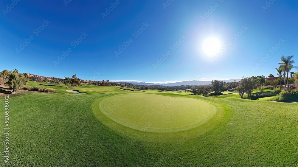 Naklejka premium Wide-angle view of a beautiful golf course with green fairways and clear skies.