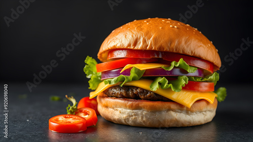 Delicious burger with cheese and vegetables on the dark background. Generative AI