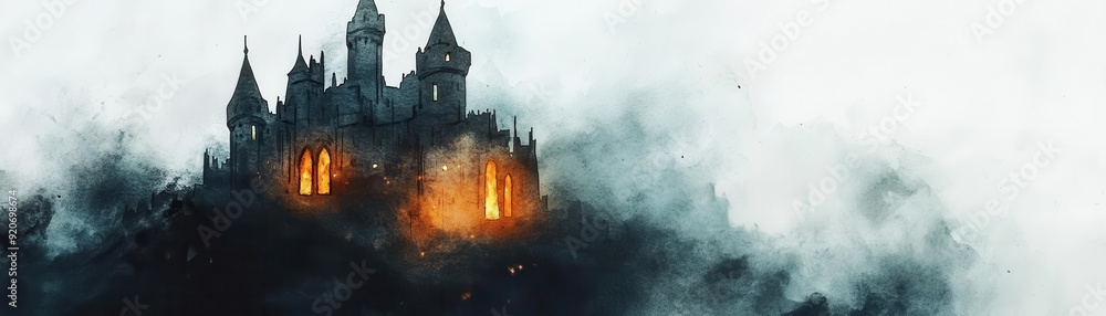 Fototapeta premium Watercolor depiction of a dark castle with glowing windows, ominous and mysterious, isolated on white background