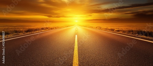 A journey to success depicted by a long road with a golden horizon ahead