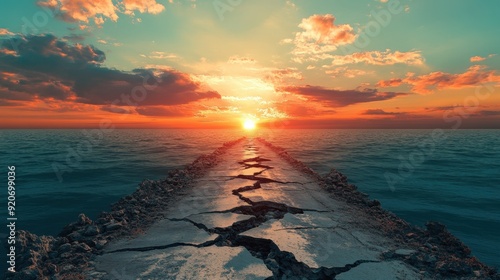 A broken road leading to a breathtaking horizon symbolizing the difficult journey to success and the reward that awaits