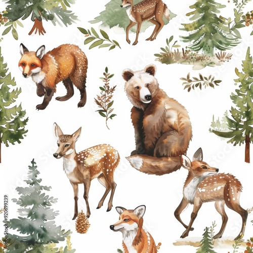 Seamless watercolor pattern with forest animals, such as foxes, squirrels, deers, hares, badgers, bears, trees, for prints, scrapbooking, nursery themes.