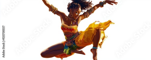 Joyful African American woman dancing in colorful traditional attire against a white background photo