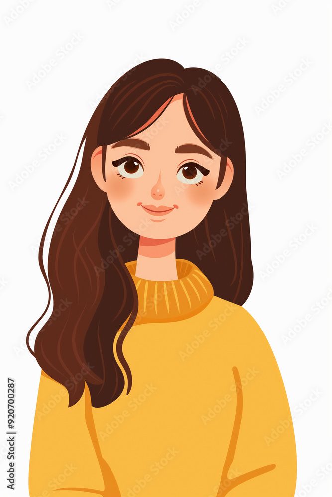 Flat illustration portrait of charming young woman with brown hair wearing yellow sweater isolated on white background. Flat illustration portrait of charming young woman with brown hair wearing yellow sweater isolated on white background.