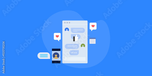 Mobile messenger chat application software, sending message and having conversation on smartphone screen, digital communication technology, vector illustration. 