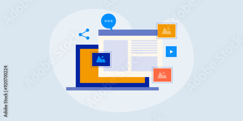 Content distribution network, social media sharing digital marketing concept, blog vector illustration.
