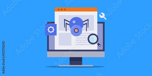 Web crawler bot and search engine index technology, search bot collecting website data conceptual vector illustration.