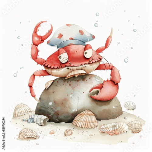 Decorative watercolor illustration of a sailor crab on a stone, seascape for boys, children's nautical illustration photo