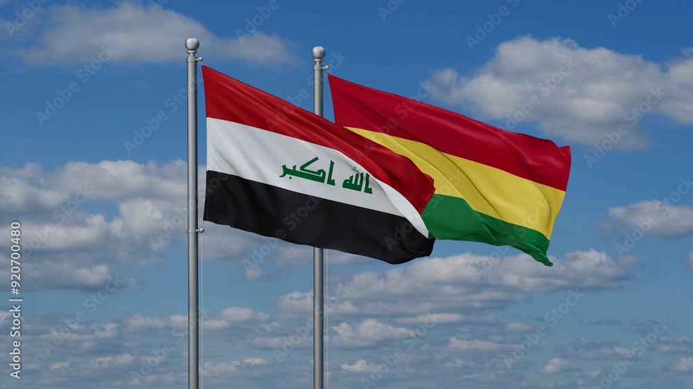 Bolivia and Iraq flags flying together, video concept of the relationship, two country relations concept Bolivia and Iraq flags flying together, video concept of the relationship, two country relations concept