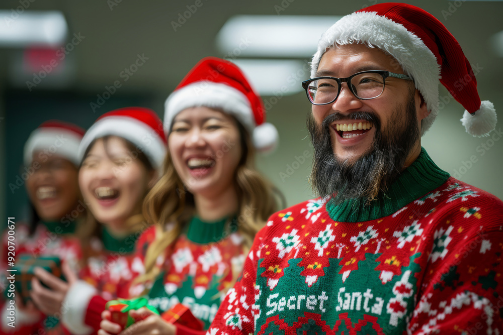 Diverse group of employees, wearing funny Christmas sweaters, joyfully participate in a lively Secret Santa gift exchange filled with laughter and holiday spirit Diverse group of employees, wearing funny Christmas sweaters, joyfully participate in a lively Secret Santa gift exchange filled with laughter and holiday spirit