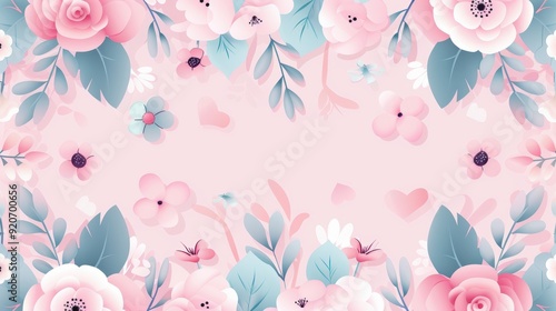 A pink and blue floral background with pink flowers and green leaves