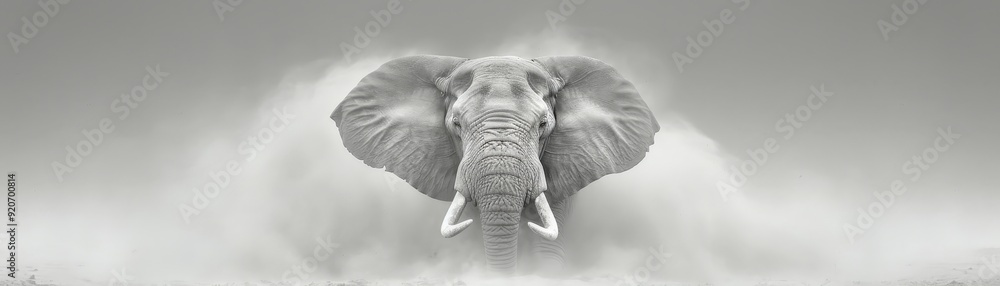 Naklejka premium A large elephant is blowing dust in the air