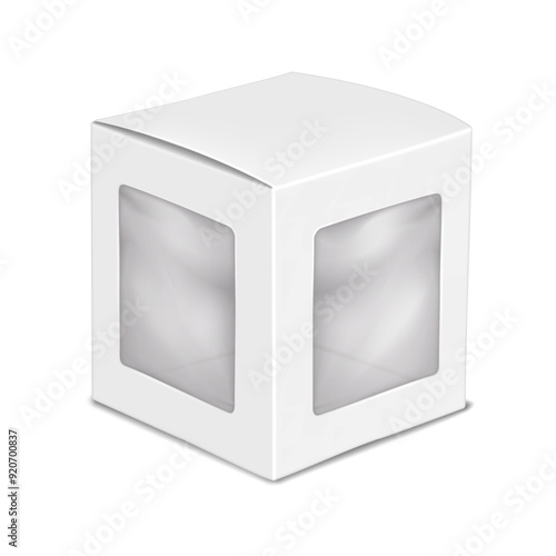 White square paper box with two clear plastic windows to display product. 3d mockup. Empty cube paperboard container with tuck-in flap. Realistic vector mock-up. Toy packaging. Template for design