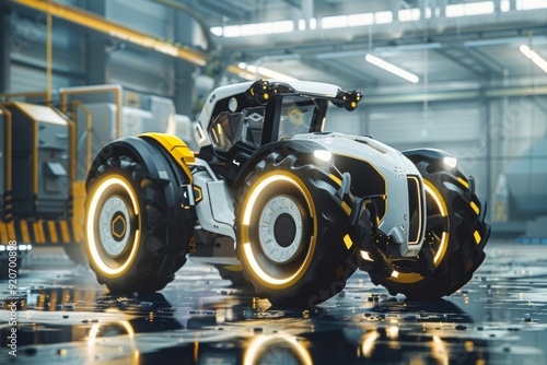 Futuristic concept of an electric tractor in an industrial warehouse. This AI-generated image showcases modern and innovative agriculture technology. High-resolution and vibrant colors in a digital