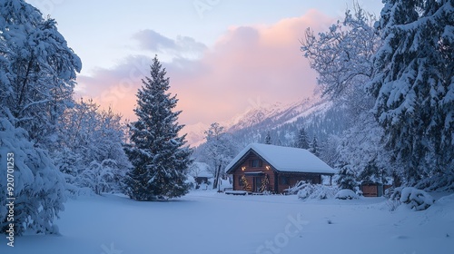 A charming cabin with warm light glows amidst a snowy landscape during a peaceful winter evening as twilight descends