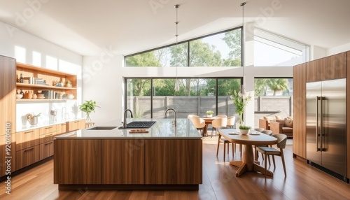 Modern Kitchen with Large Windows and Island.