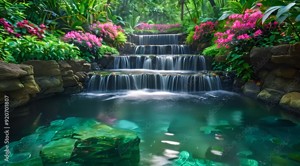 A serene tropical oasis with a cascading waterfall flowing into a pristine pool. A serene tropical oasis with a cascading waterfall flowing into a pristine pool.