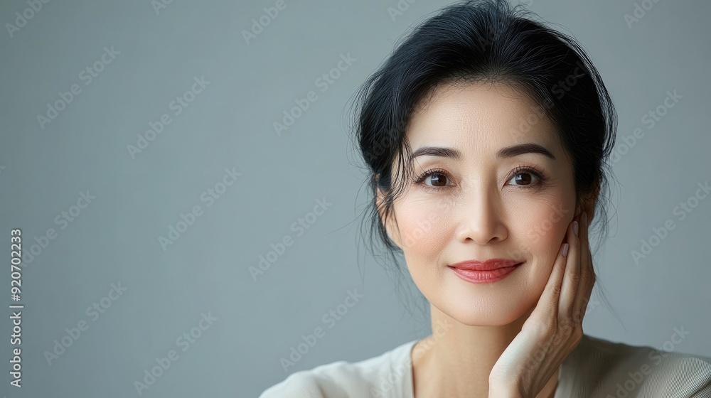 Beautiful asian woman touching her face is smiling Beautiful asian woman touching her face is smiling