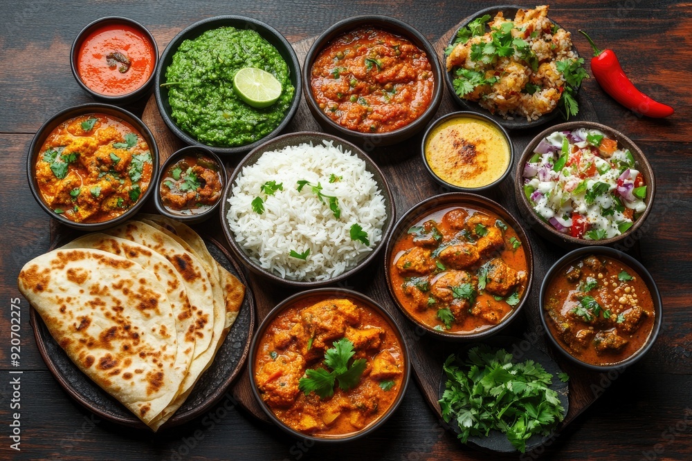 Assortment of indian dishes is served on a rustic wooden table
