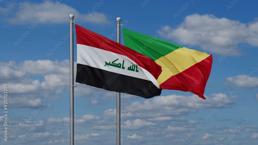Republic of the Congo and Iraq flags flying together, video concept of the relationship, two country relations concept Republic of the Congo and Iraq flags flying together, video concept of the relationship, two country relations concept