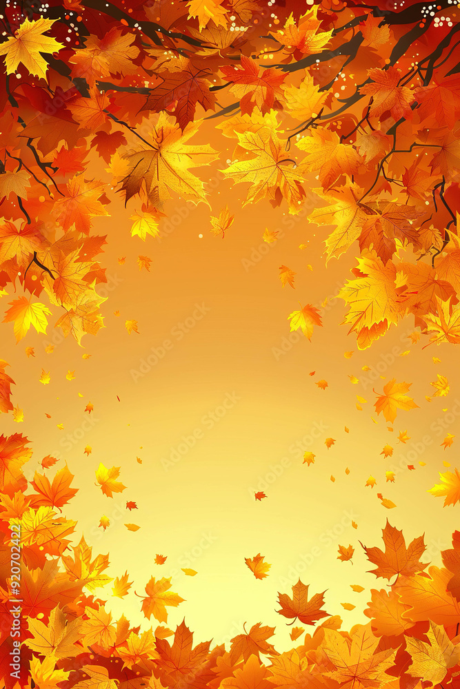 Autumn leaves falling from branches, creating a warm golden backdrop in a tranquil setting during the fall season Autumn leaves falling from branches, creating a warm golden backdrop in a tranquil setting during the fall season