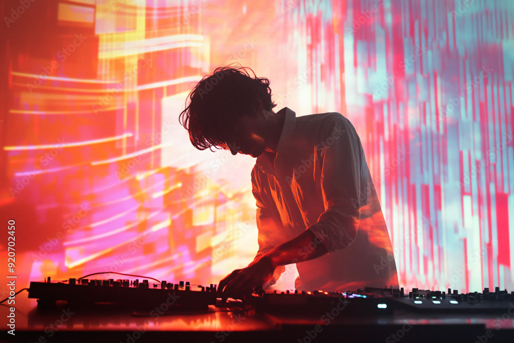 Fototapeta premium A DJ in action, surrounded by a spectrum of vibrant, colorful light effects, creating an immersive and energetic atmosphere at a live event