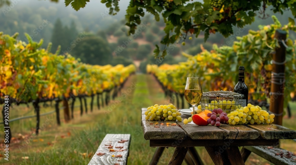 Picnicking at a vineyard with a picnic table set amidst rows of grapevines heavy with fruit. Picnicking at a vineyard with a picnic table set amidst rows of grapevines heavy with fruit.