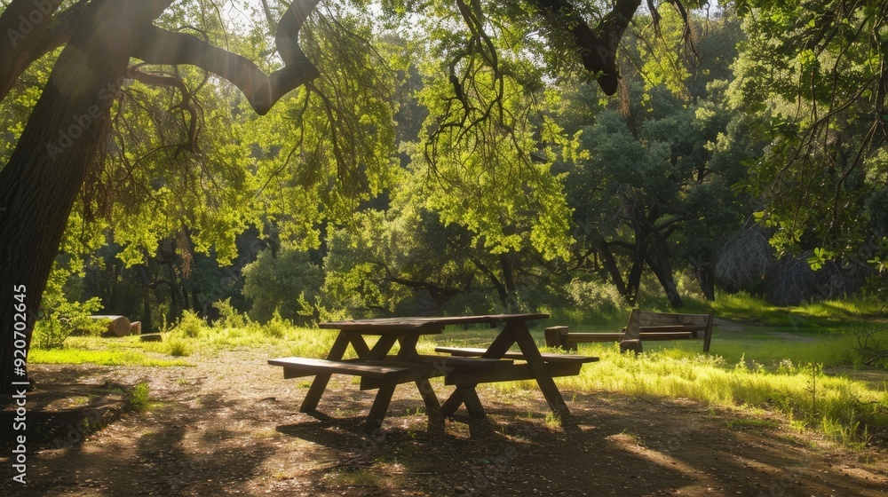 Picnicking under a canopy of trees, with dappled sunlight filtering onto the picnic table. Picnicking under a canopy of trees, with dappled sunlight filtering onto the picnic table.