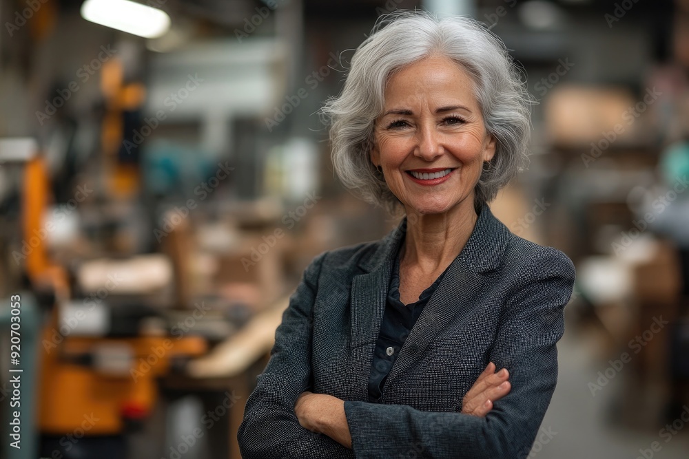 Portrait of successful senior woman woodworker smiling with crossed arms in her workshop Portrait of successful senior woman woodworker smiling with crossed arms in her workshop