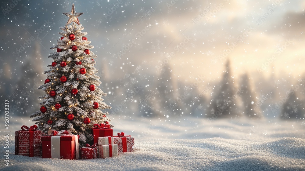 Obraz premium Beautiful christmas tree standing in snow with red presents