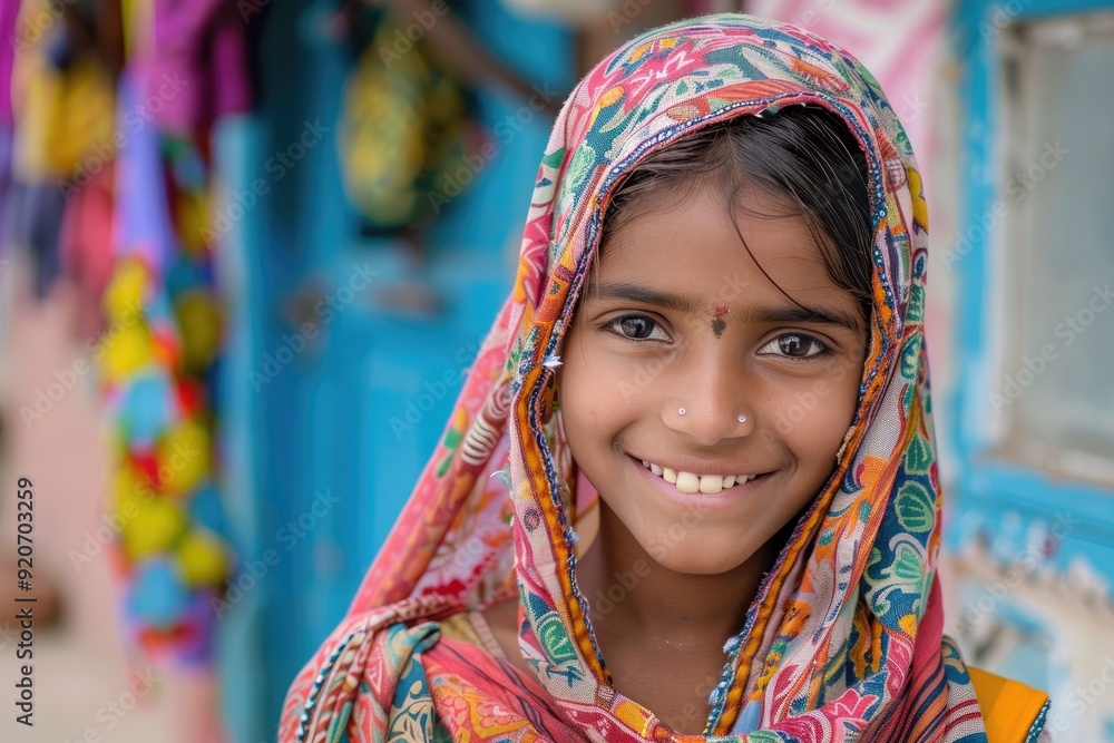 Young indian girl smiling and wearing a colorful headscarf in front of a blue wall Young indian girl smiling and wearing a colorful headscarf in front of a blue wall