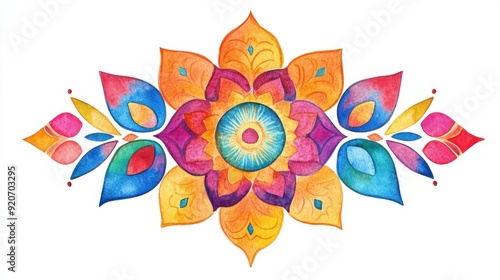 Watercolor depiction of colorful rangoli patterns, intricate and vibrant, isolated on white background