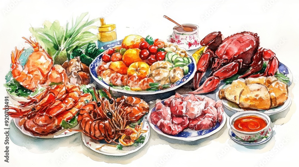 A watercolor depiction of a MidAutumn Festival feast, abundant and festive, isolated on white background A watercolor depiction of a MidAutumn Festival feast, abundant and festive, isolated on white background
