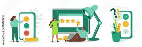 Customers sharing experience. Feedback, review, survey and FAQ service concept. Vector illustration.