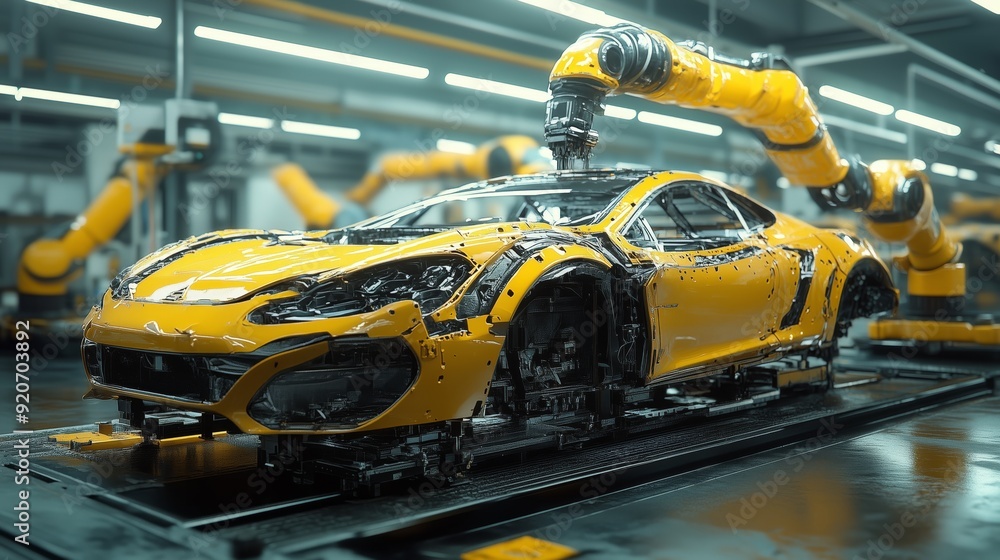 A high-tech automated assembly line in a factory, showcasing the production of a yellow sports car, highlighting modern manufacturing technology. A high-tech automated assembly line in a factory, showcasing the production of a yellow sports car, highlighting modern manufacturing technology.