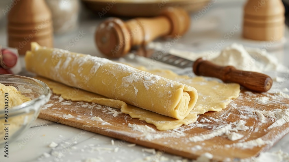 Rolling out dough for homemade pies or pastries, ensuring a flaky crust. Rolling out dough for homemade pies or pastries, ensuring a flaky crust.