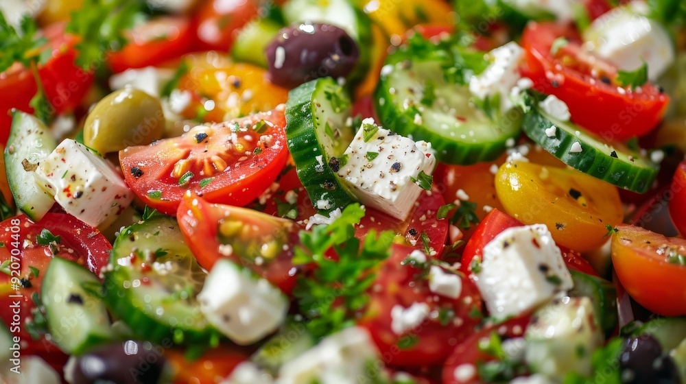Sampling a colorful Mediterranean salad, featuring ripe tomatoes, cucumbers, feta cheese, and olives. Sampling a colorful Mediterranean salad, featuring ripe tomatoes, cucumbers, feta cheese, and olives.