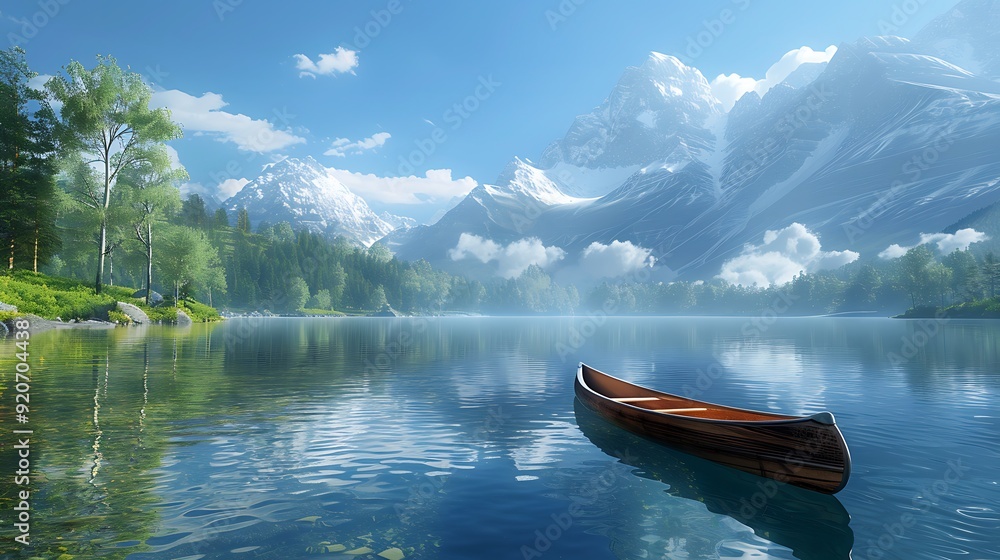A digital artwork of a pristine mountain lake reflecting the surrounding peaks and forests, with a lone canoe on the water, clear blue sky, bright sunlight creating sparkling reflections, A digital artwork of a pristine mountain lake reflecting the surrounding peaks and forests, with a lone canoe on the water, clear blue sky, bright sunlight creating sparkling reflections,