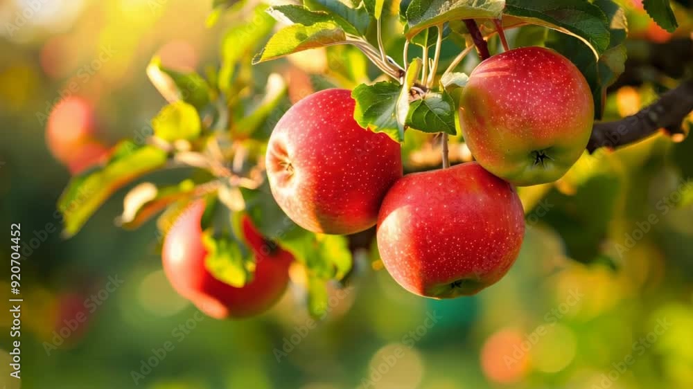 Three apples hanging from a tree in the sun Three apples hanging from a tree in the sun