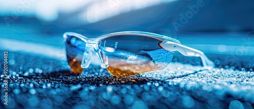 Safety Glasses On Blue Reflective Surface. photo