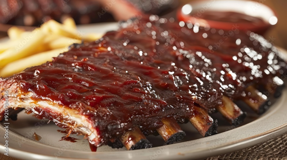 Savoring the tangy sweetness of barbecue ribs, slow-cooked and slathered in smoky sauce. Savoring the tangy sweetness of barbecue ribs, slow-cooked and slathered in smoky sauce.