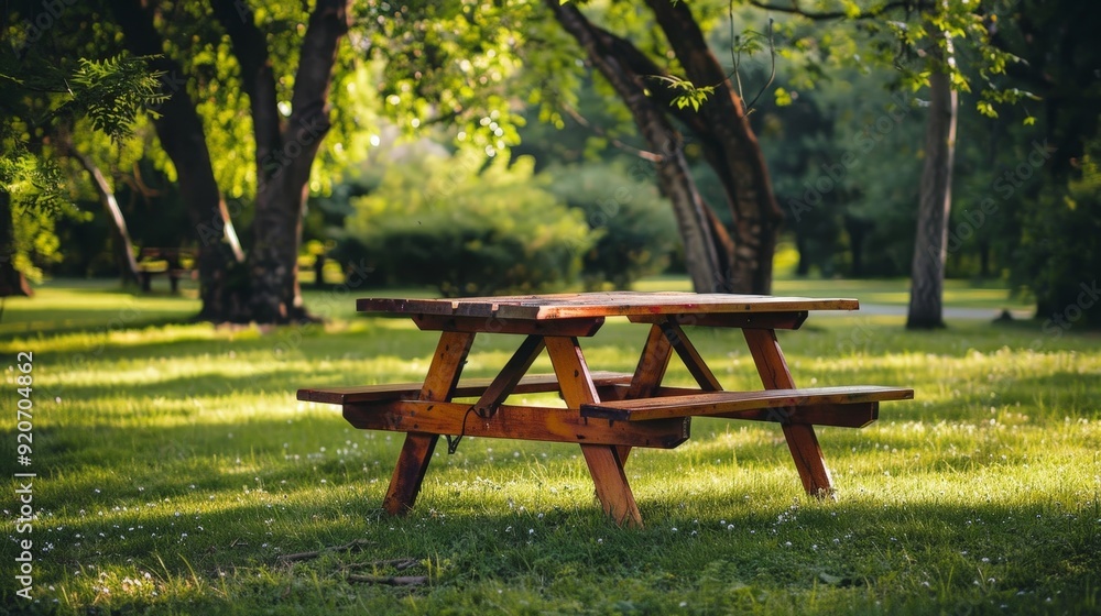 Setting up a classic wooden picnic table in a lush green park for a ...